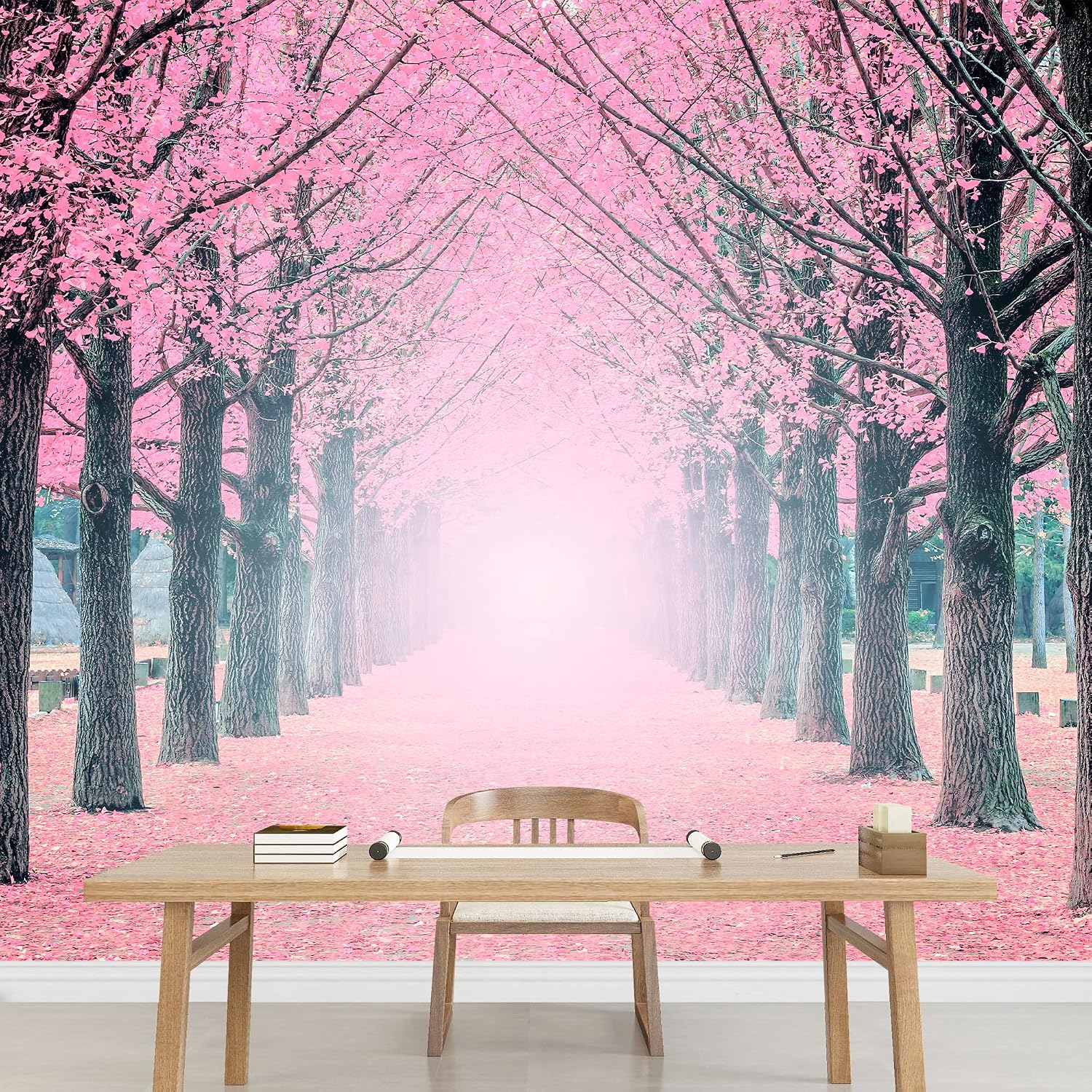 wall26 - Large Wall Mural - Lane of Pink Fallen Leaves with Trees by Each Side | Self-Adhesive Vinyl Wallpaper/Removable Modern Wall Decor - 100x144 inches