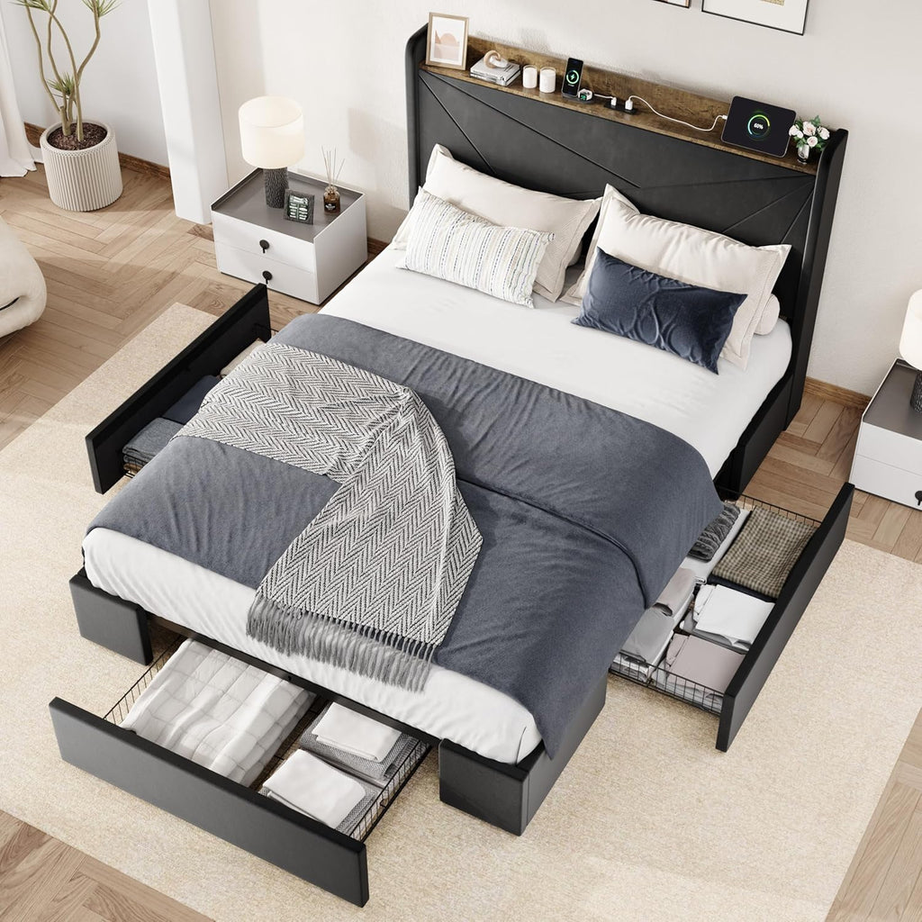 Allewie Full Size Velvet Bed Frame with 3 Storage Drawers, Upholstered Platform Bed with Wingback Storage Headboard and USB Ports, No Box Spring Needed, Easy Assembly, Black