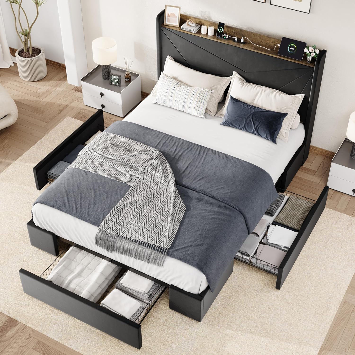 Allewie Full Size Velvet Bed Frame with 3 Storage Drawers, Upholstered Platform Bed with Wingback Storage Headboard and USB Ports, No Box Spring Needed, Easy Assembly, Black