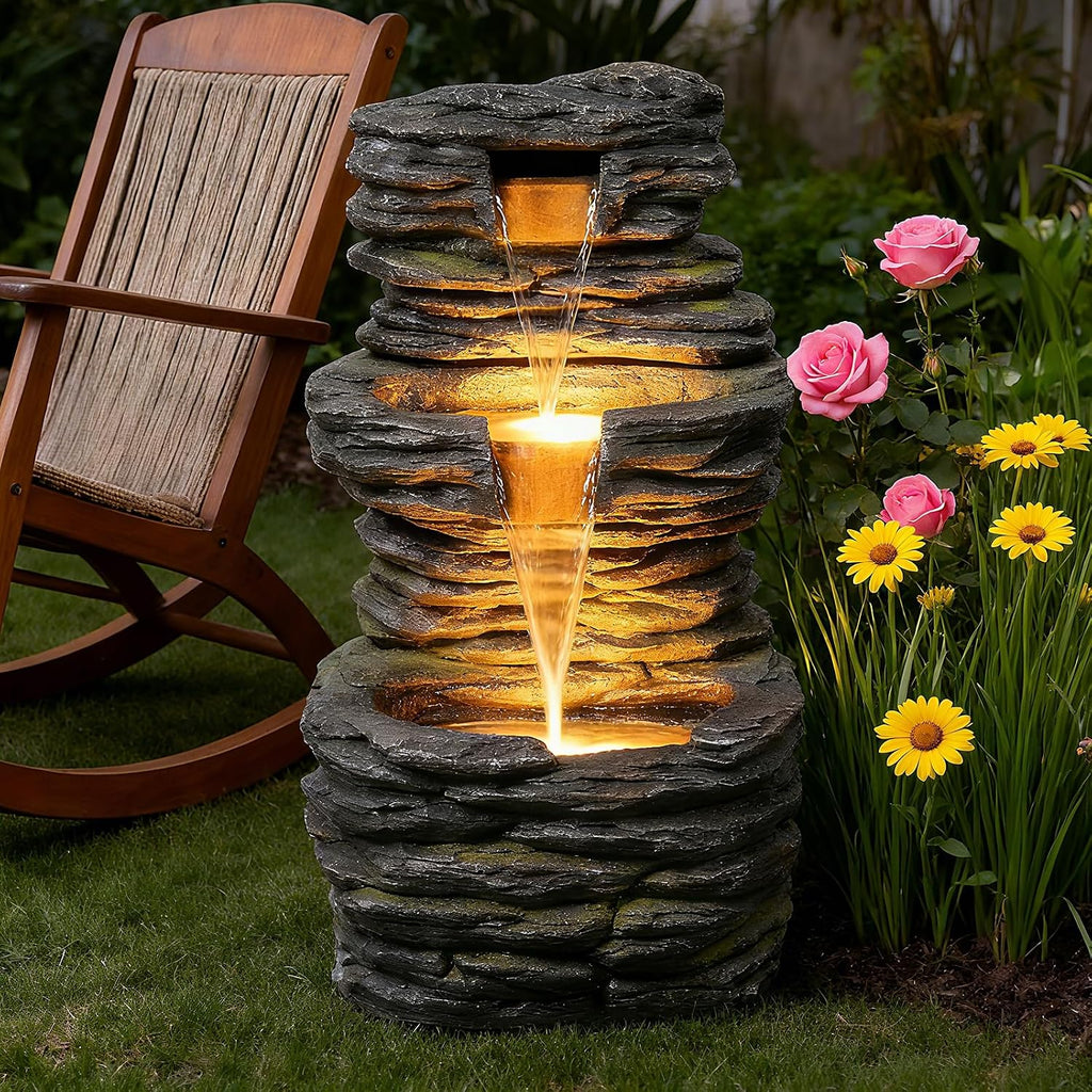 3 Tier Cascading Rock Water Fountain Outdoor Garden,28.74' H Natural Look Outdoor Fountains and Waterfalls with LED Lights for Patio, Deck, Porch, Backyard, Outside and Indoor Home Decor
