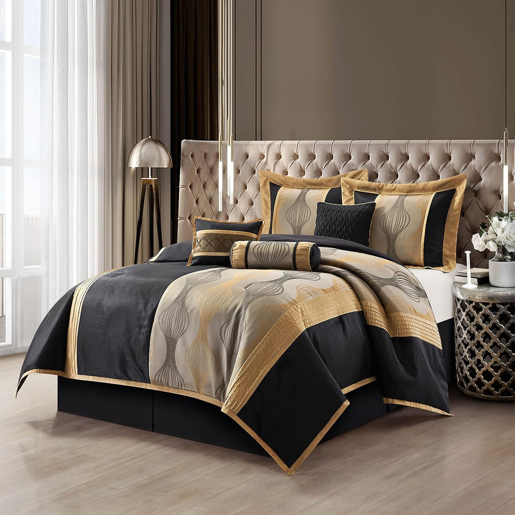 Grand Avenue Elegant Black and Gold Comforter Set,Striped, 7 Pieces Jacquard Bedding Sets with Comforter for All Season, Bed Skirt, Pillows & Shams, Queen Size, Lightweight Microfiber