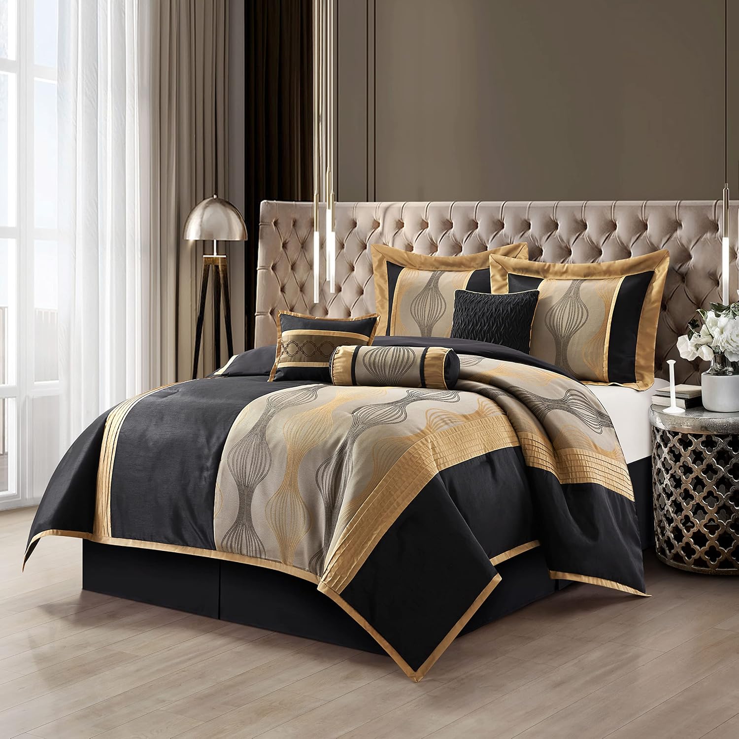 Grand Avenue Elegant Black and Gold Comforter Set,Striped, 7 Pieces Jacquard Bedding Sets with Comforter for All Season, Bed Skirt, Pillows & Shams, Queen Size, Lightweight Microfiber