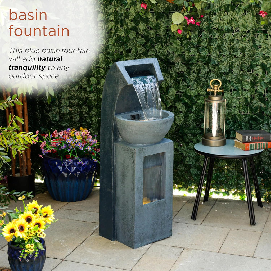 Alpine Corporation 41' Tall Outdoor Basin Waterfall Floor Fountain with LED Lights for Garden, Patio, Lawn and Backyard Decor, Gray