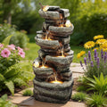 40' H Extra-Large Rock Outdoor Water Fountain with LED Lights, 6-Tier Cascading Stone Waterfall with Birds for Garden Patio Porch, Weather-Resistant Polyresin Water Feature for Tranquil Oasis