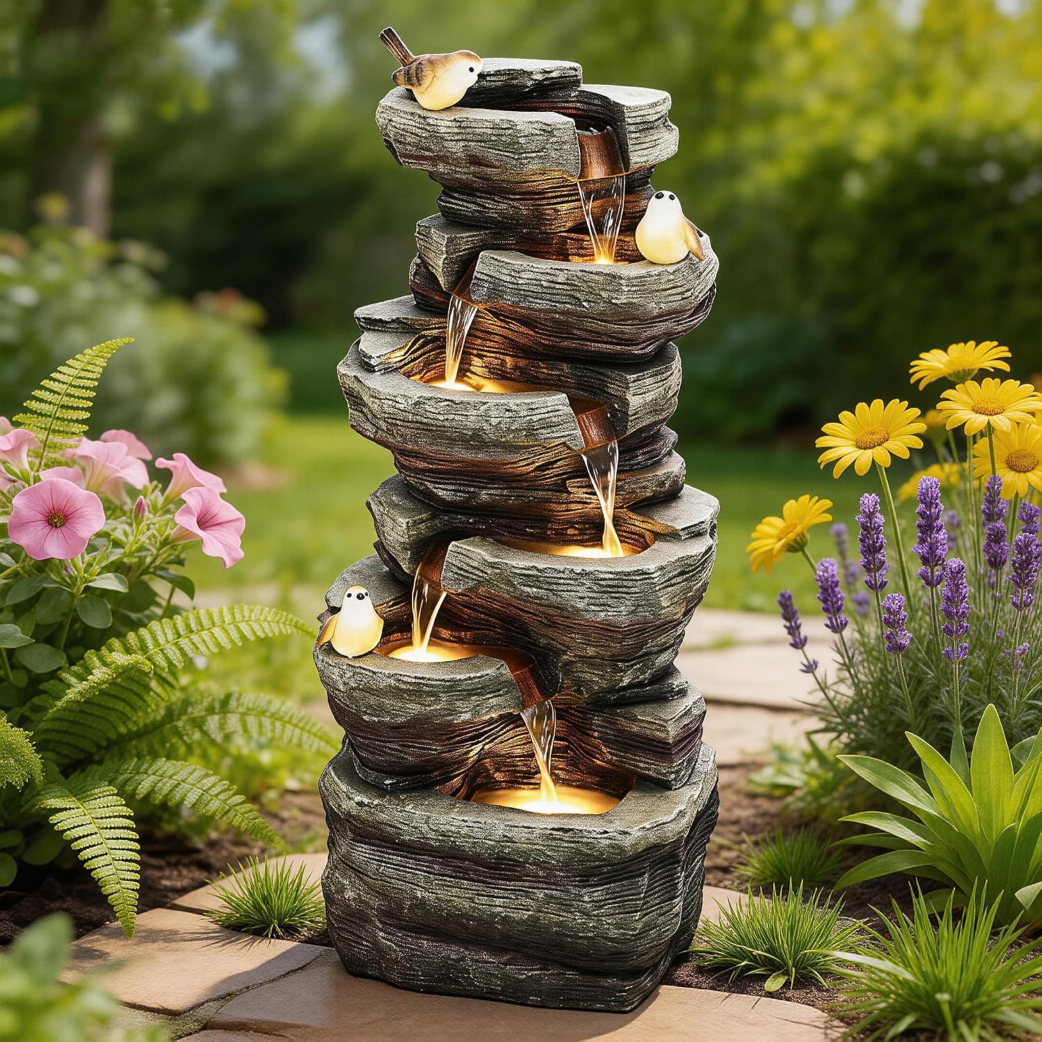 40' H Extra-Large Rock Outdoor Water Fountain with LED Lights, 6-Tier Cascading Stone Waterfall with Birds for Garden Patio Porch, Weather-Resistant Polyresin Water Feature for Tranquil Oasis