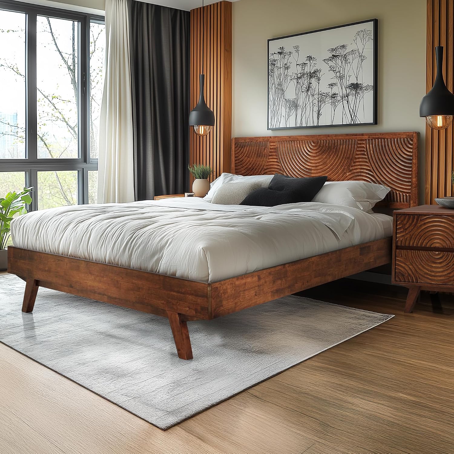 Acacia Harmony Queen Platform Bed Frame – Solid Rubber Wood, Walnut Finish, Mid-Century Style, Unique Wood Grain Pattern, 800lbs Capacity, No Box Spring Required, Easy Setup