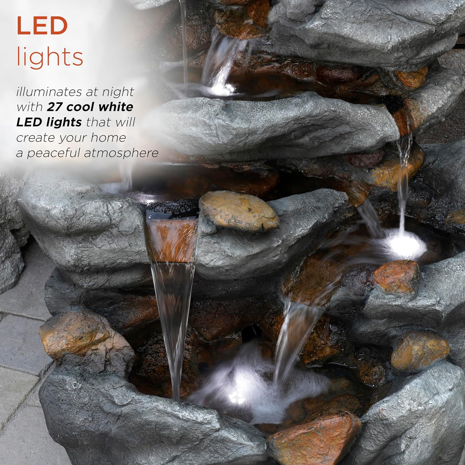 Alpine Corporation TZL130 Outdoor Floor 8-Tiered Rock Waterfall Fountain with LED Lights and Natural Stone Look, 50', Gray