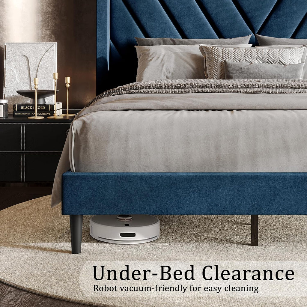 Queen Platform Bed Frame with Chevron-Stitched Wingback Headboard, Velvet Upholstery, No Box Spring Needed, Easy Assembly, Light Blue
