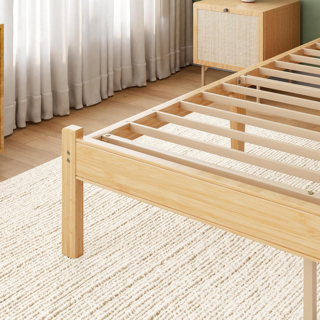 ZIYOO Solid Bamboo Wood Bed Frame Twin with Storage Headboard, 14 inch Platform Bed Frame Twin Size No Box Spring Needed with Steel Slats, Sturdy and Stable, Easy Assembly, Noise Free
