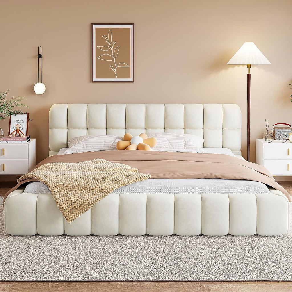 King Size Modern Cloud Bed,King Size Upholstered Platform Bed with Thick Fabric, Grounded Bed with Solid Frame,Floor Bed Frame (Beige)
