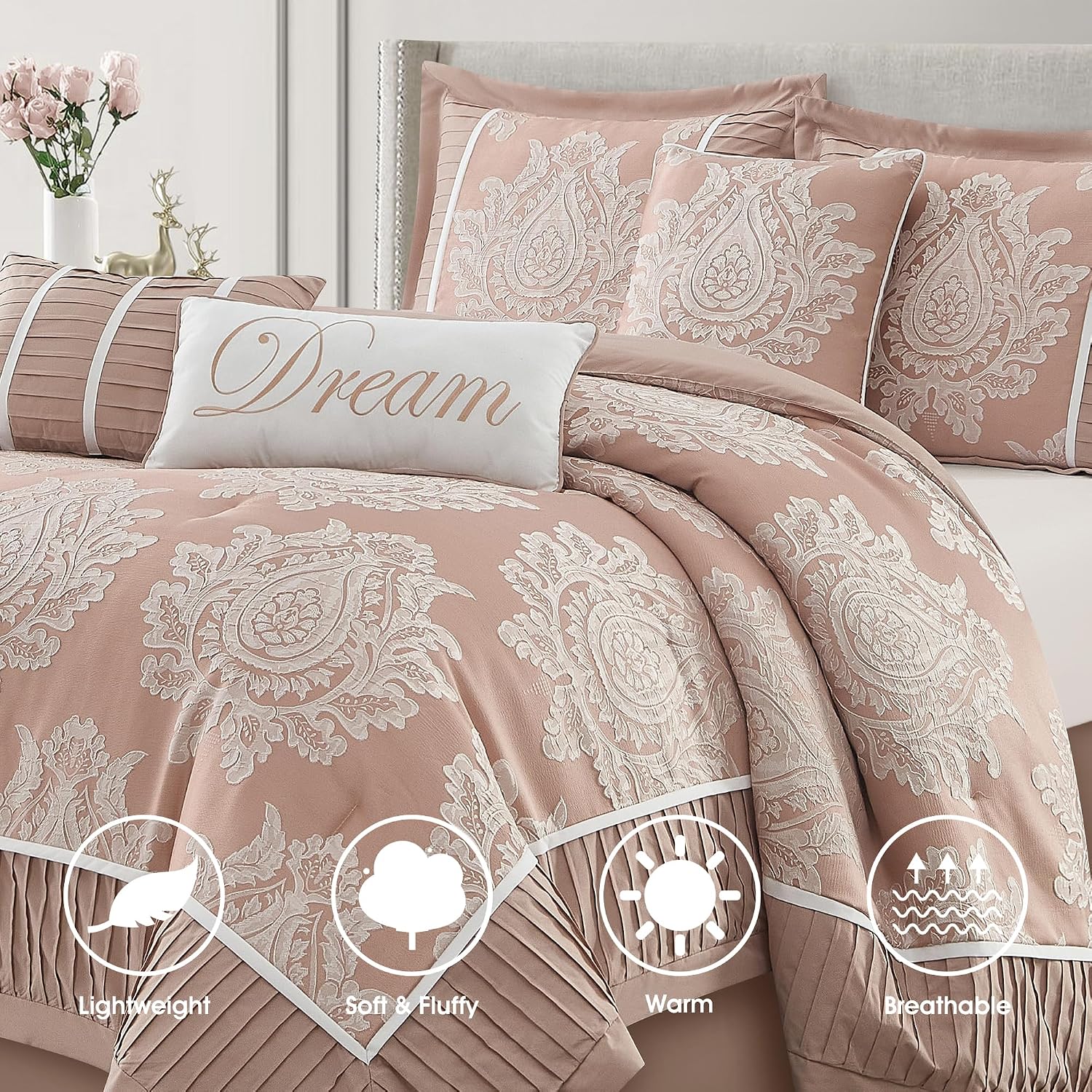 LANCO MODERN LIFESTYLE Blush Queen Comforter Set 7 Pieces, Jacquard Woven with Damask, Bedding Set in a Bag Includes Comforter, Bed Skirt, Pillow Shams, and Decorative Pillows