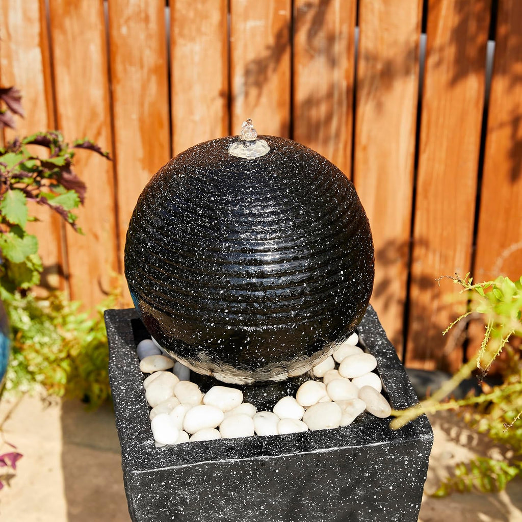 Glitzhome Outdoor Water Fountain with LED Light & Pump, Black Pedestal Sphere Fountain Decorative Water Fountains, Modern Waterfall Floor Fountain with Pebbles for Garden Patio Decor Porch, 31.75'H