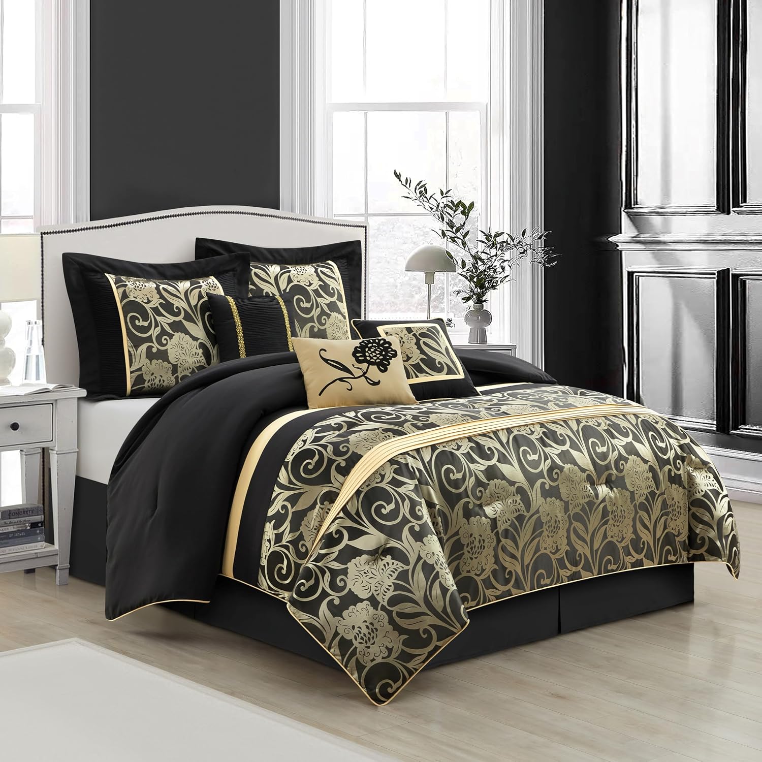 Stratford Park Jacquard 7-Piece Comforter Bedding Set, Black, Bed Size King, Floral Bedding Set, Matching Bedskirt, Pillows & Shams