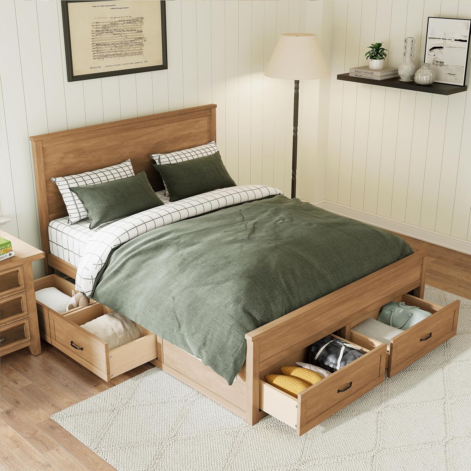 VilroCaz Modern Queen Size Platform Bed with 6 Drawers, Wood Storage Bed Frame with 48.8' High Headboard and Slats Support, No Box Spring Needed (Brown-5.19)