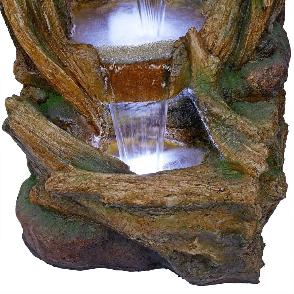 Alpine Corporation 40' Tall Open Tree Trunk Floor Fountain with Cool White LED Lights, Tiered Garden Decor, Brown