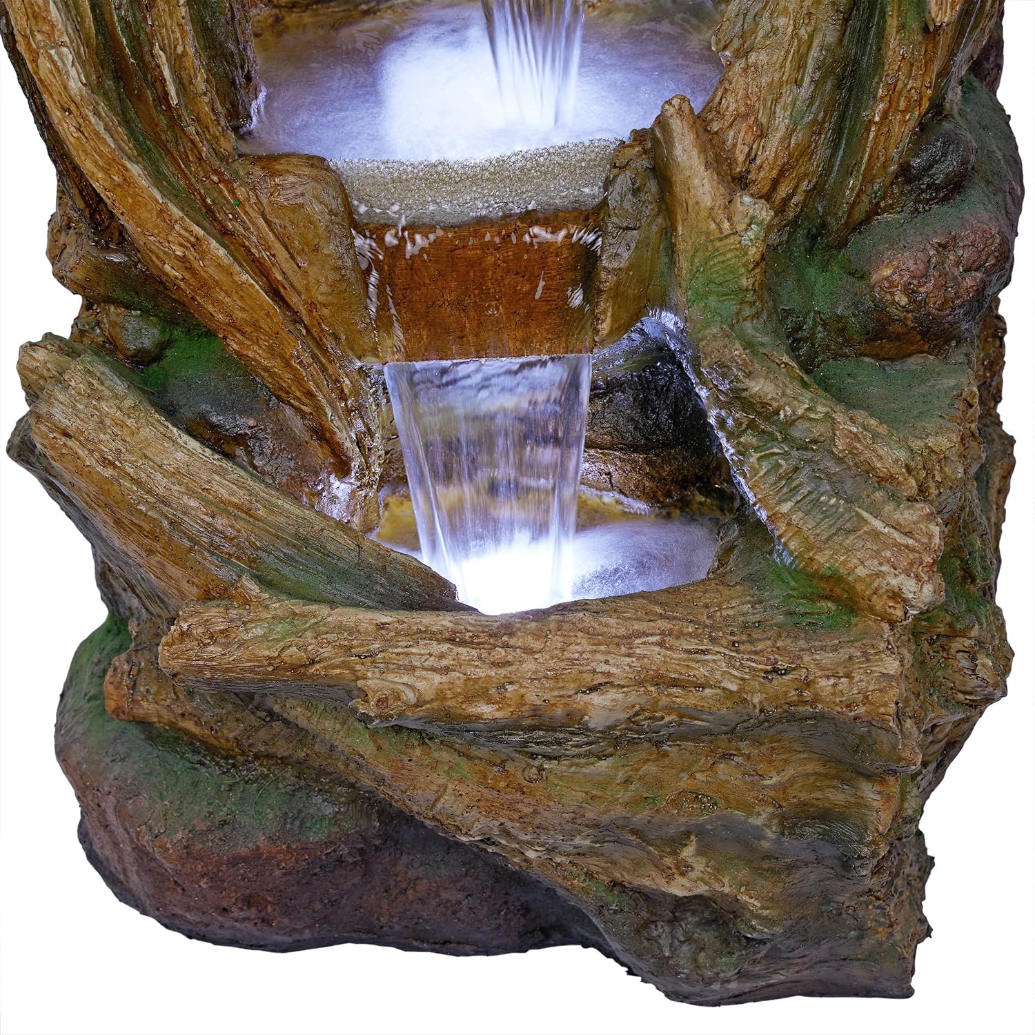 Alpine Corporation 40' Tall Open Tree Trunk Floor Fountain with Cool White LED Lights, Tiered Garden Decor, Brown
