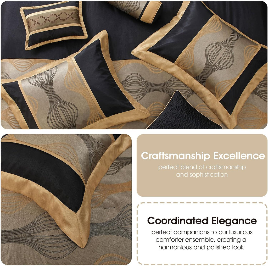 Grand Avenue Elegant Black and Gold Comforter Set,Striped, 7 Pieces Jacquard Bedding Sets with Comforter for All Season, Bed Skirt, Pillows & Shams, Queen Size, Lightweight Microfiber