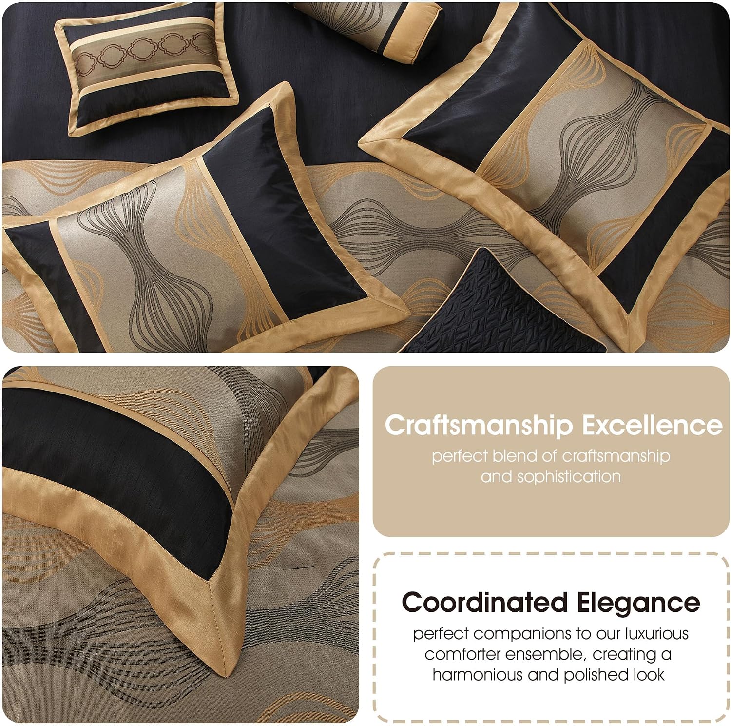 Grand Avenue Elegant Black and Gold Comforter Set Califirnia King Size, Striped,15 Piece Room-in-A-Bag, Jacquard Bedding Set, All Season, Matching Decorative Pillows, Pillow Sham, Curtains