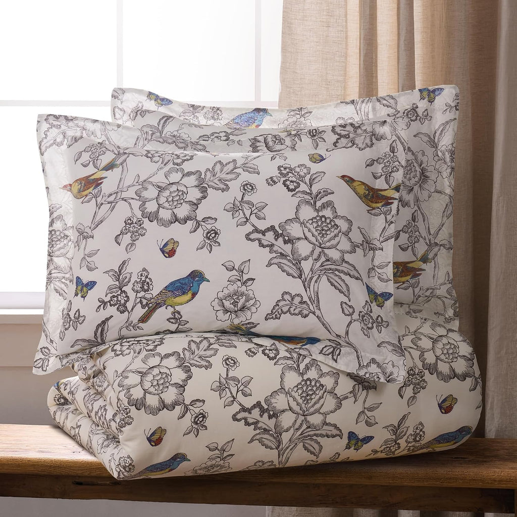 Levtex Home Mockingbird Reversible Full/Queen Comforter Set (90x94in) with 2 Pillowcases (26x20in) - Floral Birds - Charcoal - Cotton Queen Size Comforter Set - Lofty, Soft, Pre-Washed