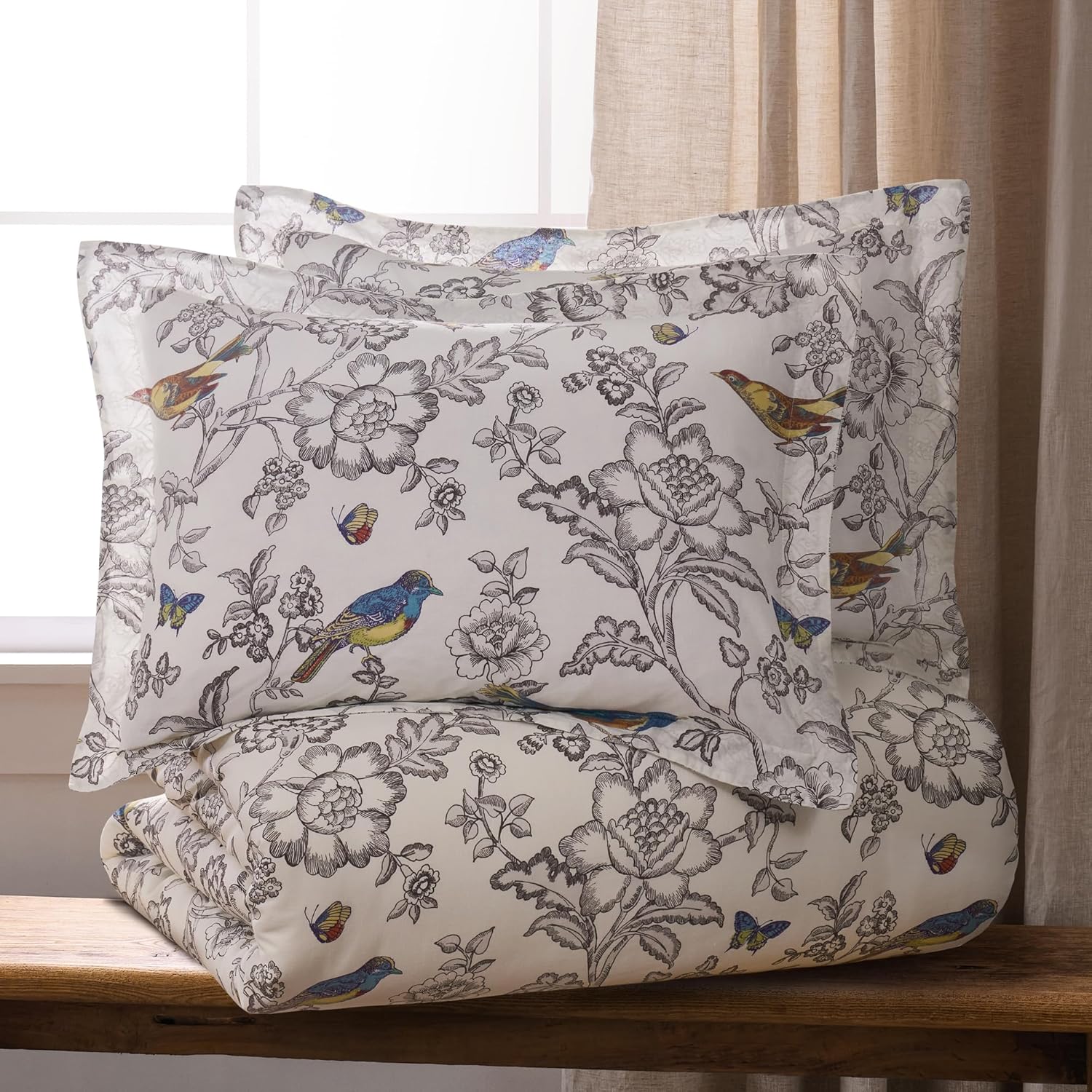 Levtex Home Mockingbird Reversible King Duvet Cover Set (106x94in) with 2 Pillowcases (36x20in) - Floral Birds - Charcoal - 100% Cotton King Size Duvet Cover Bedding Set - Soft, Pre-Washed