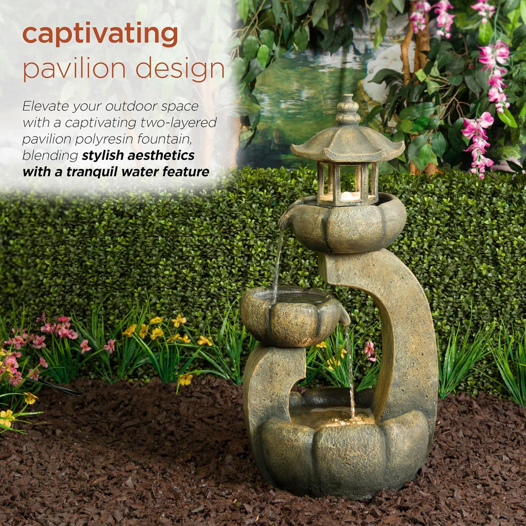 Alpine Corporation 32' Tall 2-Layer Pagoda Polystone Fountain with LED Lights, Cascading Waterfall, Outdoor Garden and Patio Water Feature, Zen Decor, Relaxing Sound, Brown