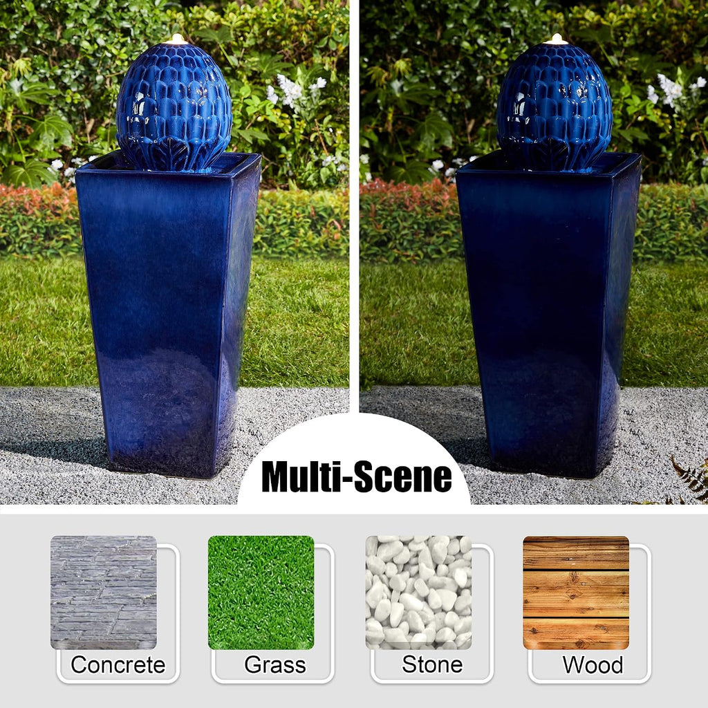 Glitzhome Ceramic Outdoor Water Fountain with LED Light, Oversized Artichoke Pedestal Water Fountains with Submersible Pump, Patio Fountain Waterfall for Garden Patio Deck Porch, Cobalt Blue, 35.75' H