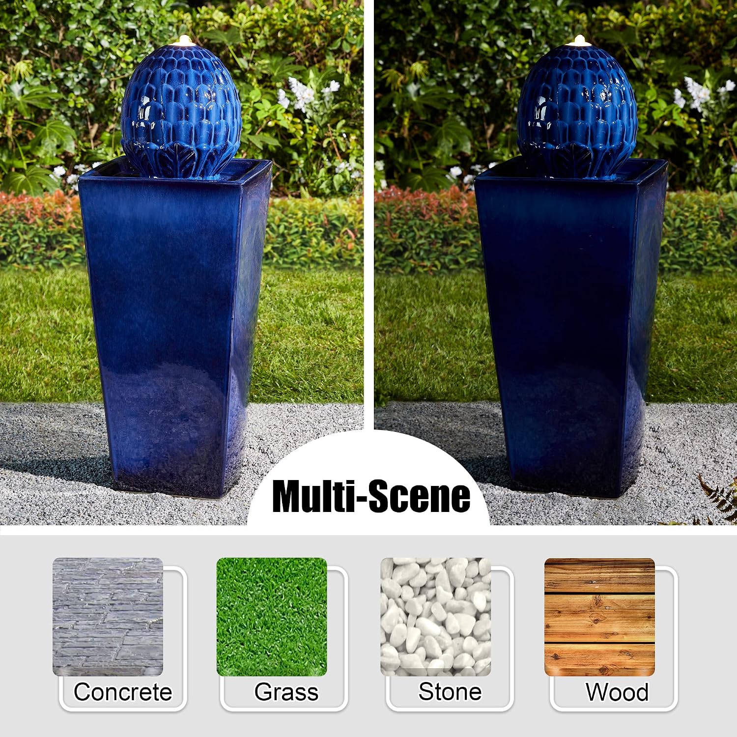 Glitzhome Ceramic Outdoor Water Fountain with LED Light, Oversized Artichoke Pedestal Water Fountains with Submersible Pump, Patio Fountain Waterfall for Garden Patio Deck Porch, Cobalt Blue, 35.75' H