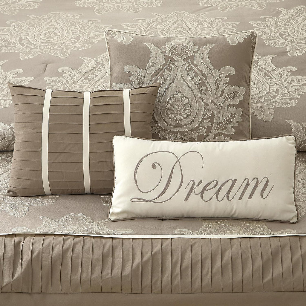 LANCO MODERN LIFESTYLE Beige Queen Comforter Set 7 Pieces, Jacquard Woven with Damask, Bedding Set in a Bag Includes Comforter, Bed Skirt, Pillow Shams, and Decorative Pillows