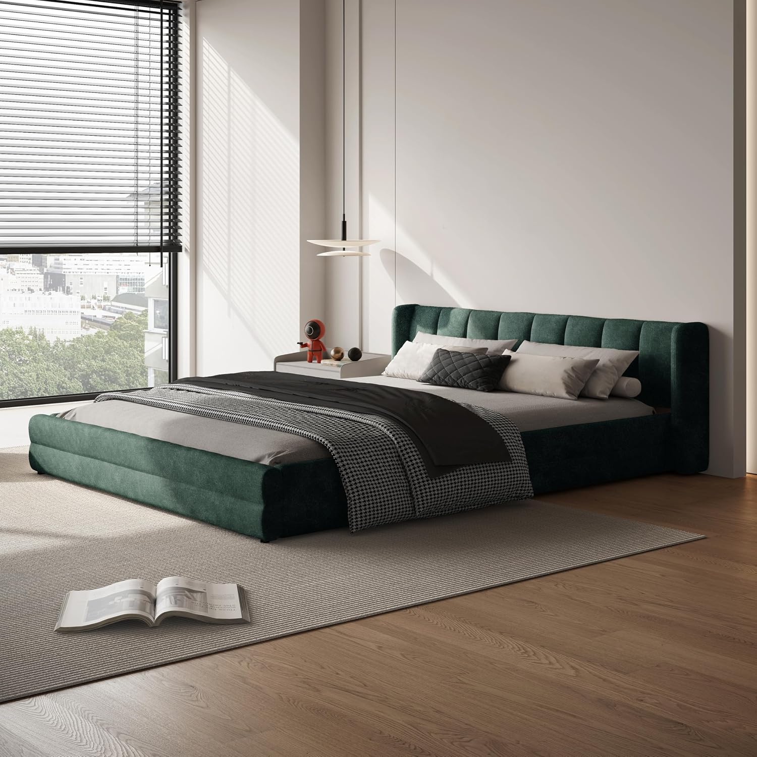 DEINPPA Queen Size Bed Frame with Cloud Soft Headboard, Chenille Upholstered Grounded Wood Base Bed Frame, No Box Spring Needed-Blue+Green