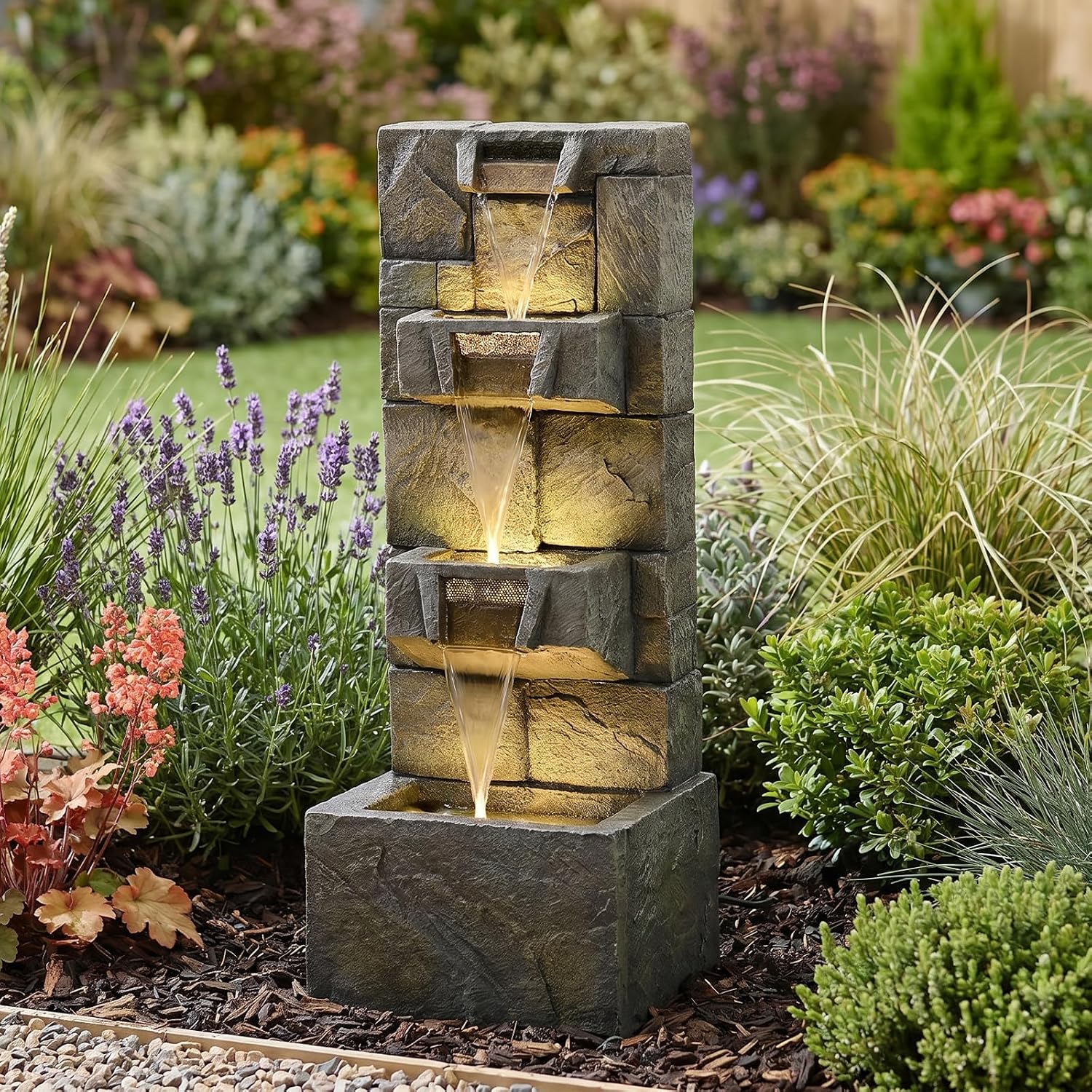 Bumilgar 32.28' H 4-Tier Indoor/Outdoor Modern Water Fountain with Led Lights and Pump, Outdoor Freestanding Cascading Waterfall - Suitable for Garden, Patio, Porch, Yard and Outdoor Decor