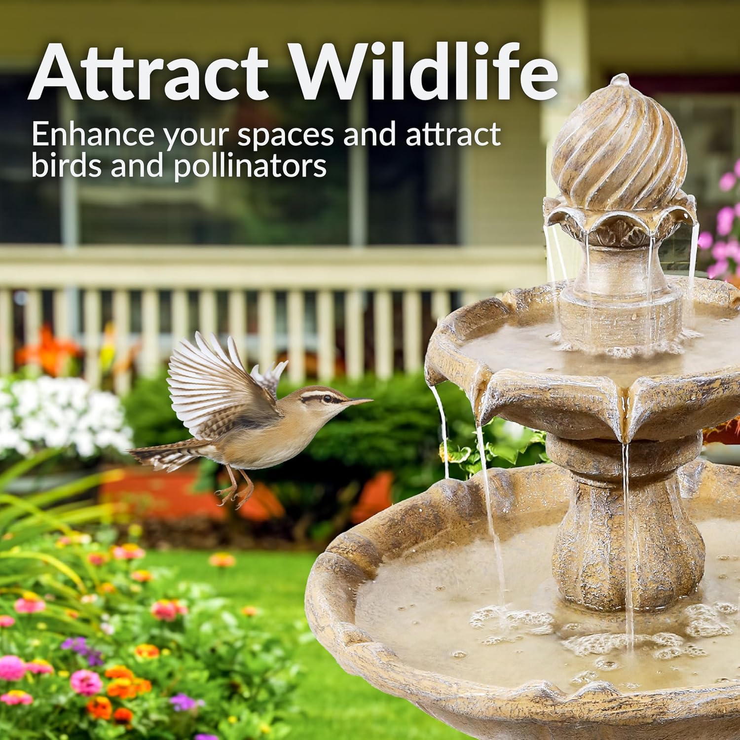 Sunnydaze 35' Solar 2-Tier Outdoor Water Fountain - Garden Water Feature with Battery Backup and Pump - Earth
