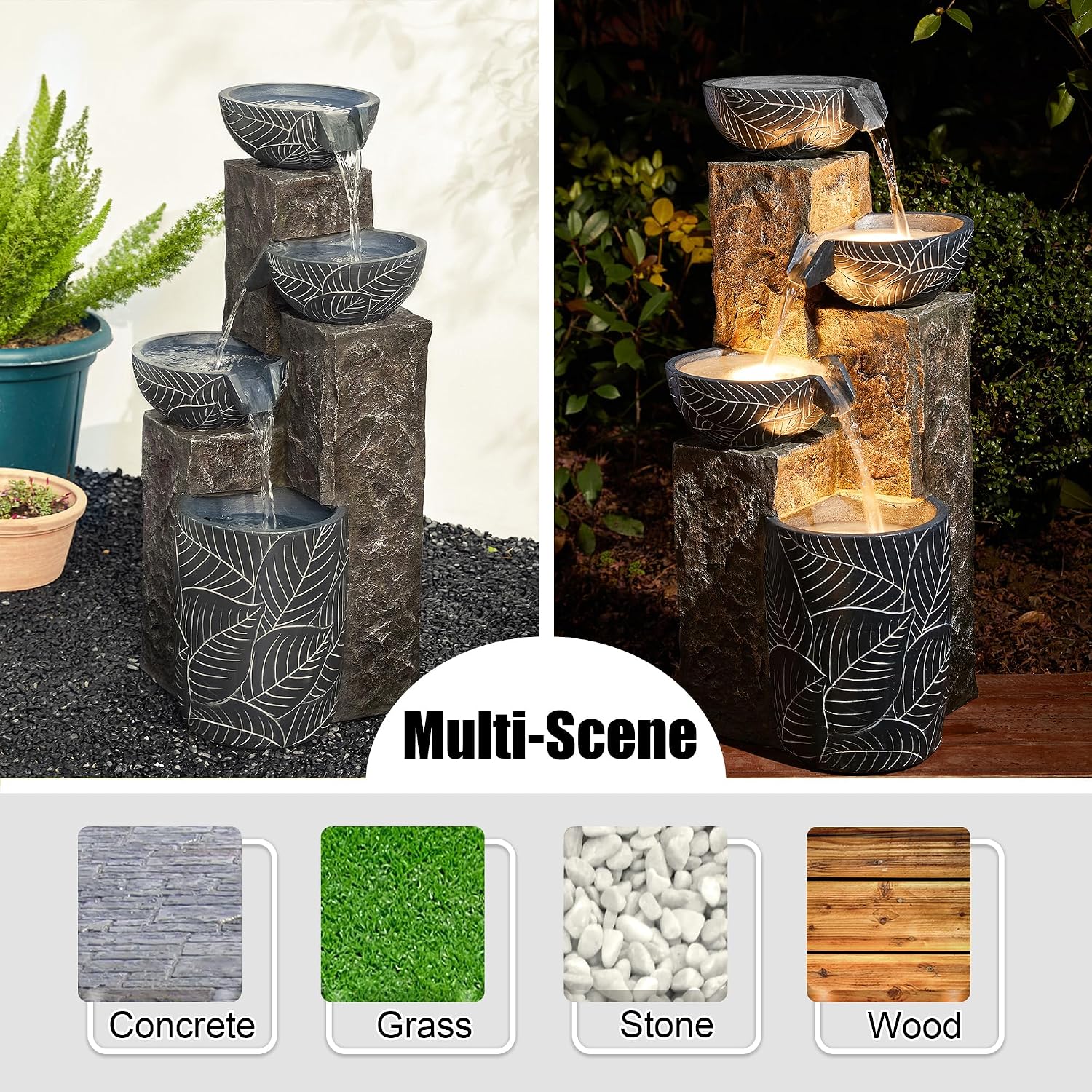 Glitzhome 32.75' H Outdoor Garden Water Fountain with LED Lights and Pump, Natural Leaf Textured 4-Tier Resin Cascading Floor-Standing Fountain for Porch Deck Patio Backyard Decoration