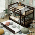 KOMFOTT Wood Twin Over Twin Bunk Bed with Trundle, Solid Pine Wood Bunk Bed Frame with Ladder & Safety Guardrails, Space-Saving Convertible Twin Bed Frame for Home & Dormitory, No Box Spring Needed