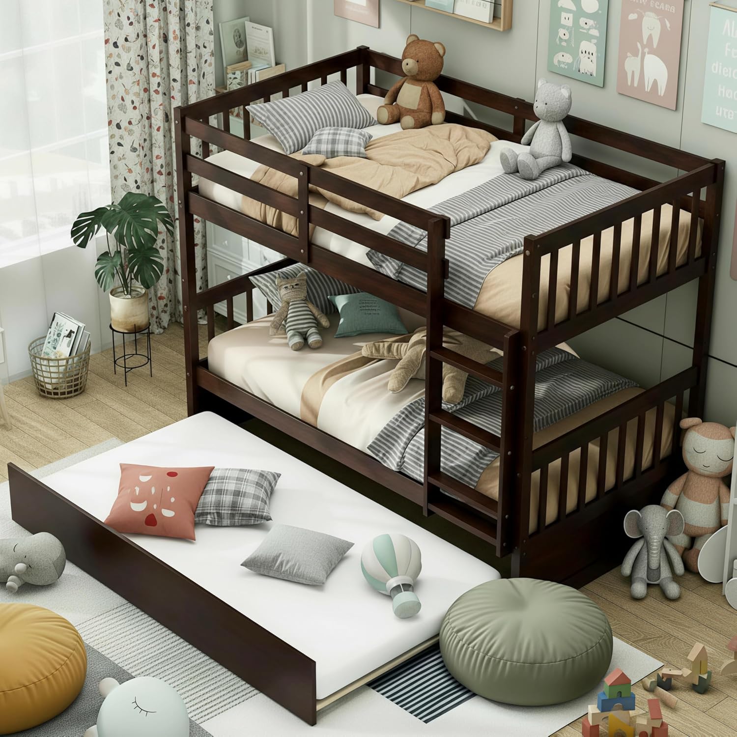 KOMFOTT Wood Twin Over Twin Bunk Bed with Trundle, Solid Pine Wood Bunk Bed Frame with Ladder & Safety Guardrails, Space-Saving Convertible Twin Bed Frame for Home & Dormitory, No Box Spring Needed