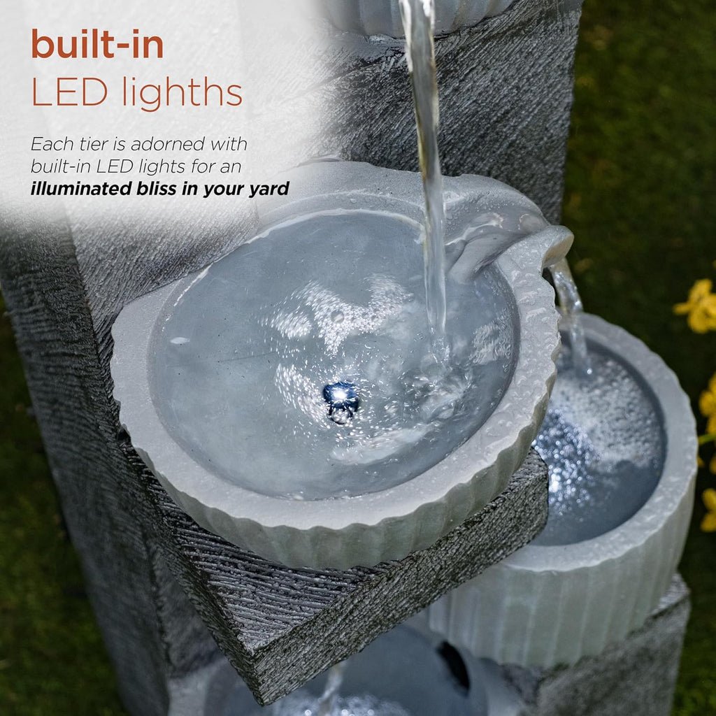 Alpine Corporation 40' Tall Outdoor 5 Tiered Pot Decorative Waterfall Floor Fountain with LED Lights, Perfect for Patios, Yards, and Landscaping, Gray