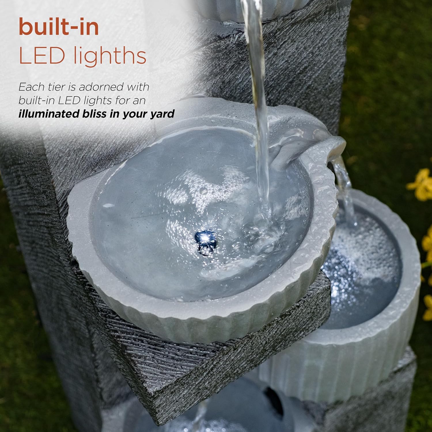 Alpine Corporation 40' Tall Outdoor 5 Tiered Pot Decorative Waterfall Floor Fountain with LED Lights, Perfect for Patios, Yards, and Landscaping, Gray