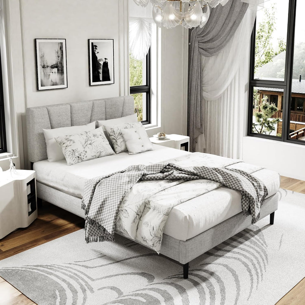 Sismplly Full Size Platform Bed Frame with Upholstered Headboard, Wooden Slats Support, Noise Free, No Box Spring Needed, Easy Assembly, Light Grey, Linen