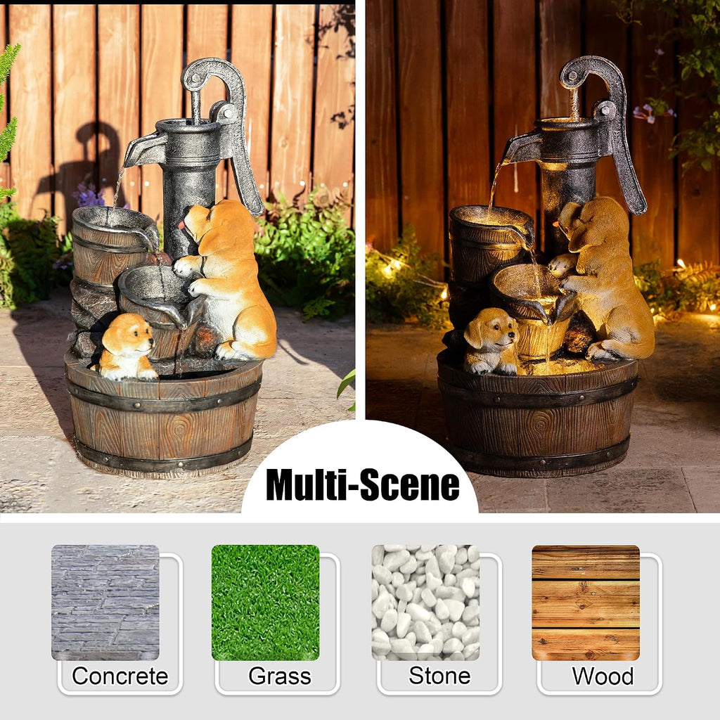 Glitzhome Water Fountain Outdoor, Outdoor Fountain with Lights & Pump, 23.75' H Cute Dog Playing Around The Water Polyresin Cascading Waterfall Floor Standing Water Feature for Garden, Patio