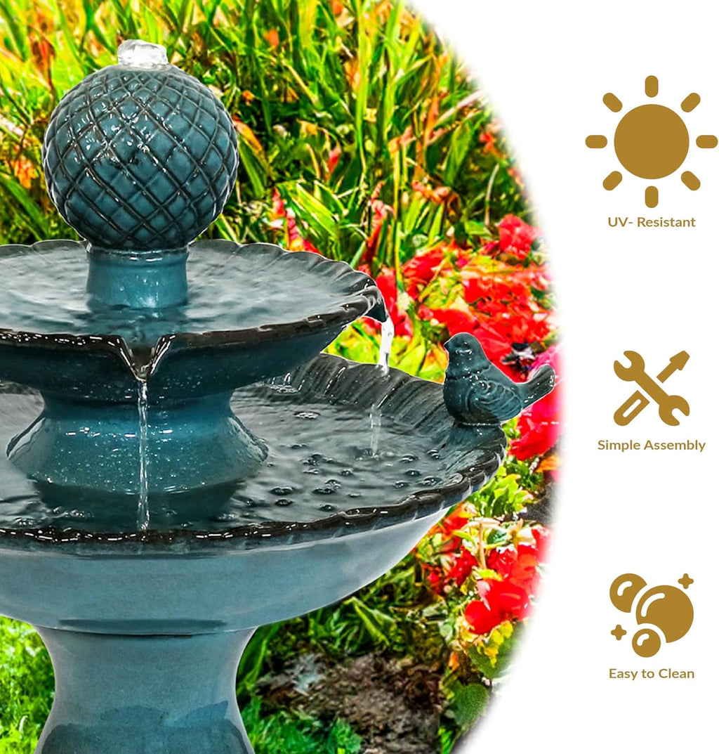 Sunnydaze 27' H 2-Tier Ceramic Water Fountain - Outdoor Water Feature for Patio, Yard, Balcony - Garden Fountain - Blue