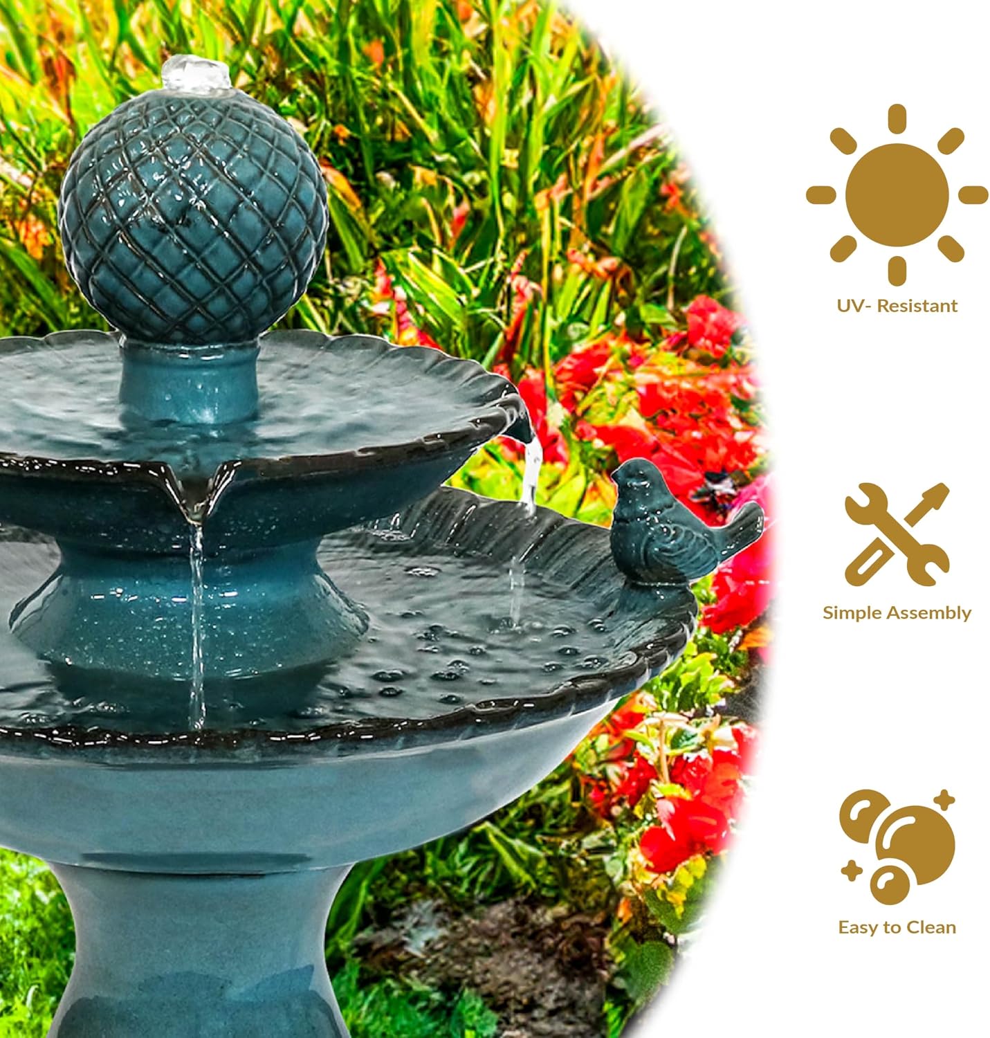 Sunnydaze 27' H 2-Tier Ceramic Water Fountain - Outdoor Water Feature for Patio, Yard, Balcony - Garden Fountain - Blue