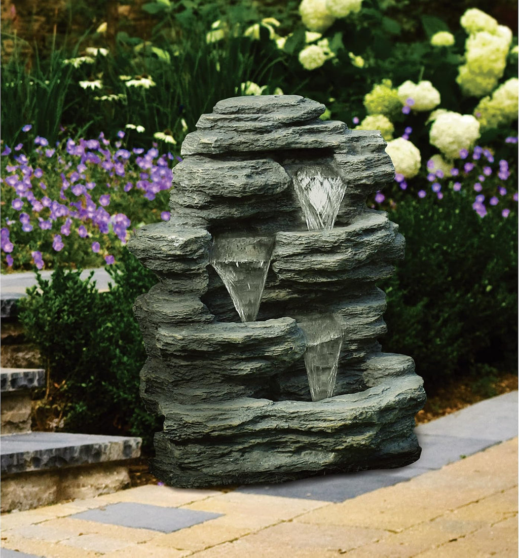 Outdoor Water Fountain With Cascading Waterfall, Natural Looking Stone and Soothing Sound for Decor on Lawn, Garden, and Patio By Pure Garden,Brown, 18.3x12.3