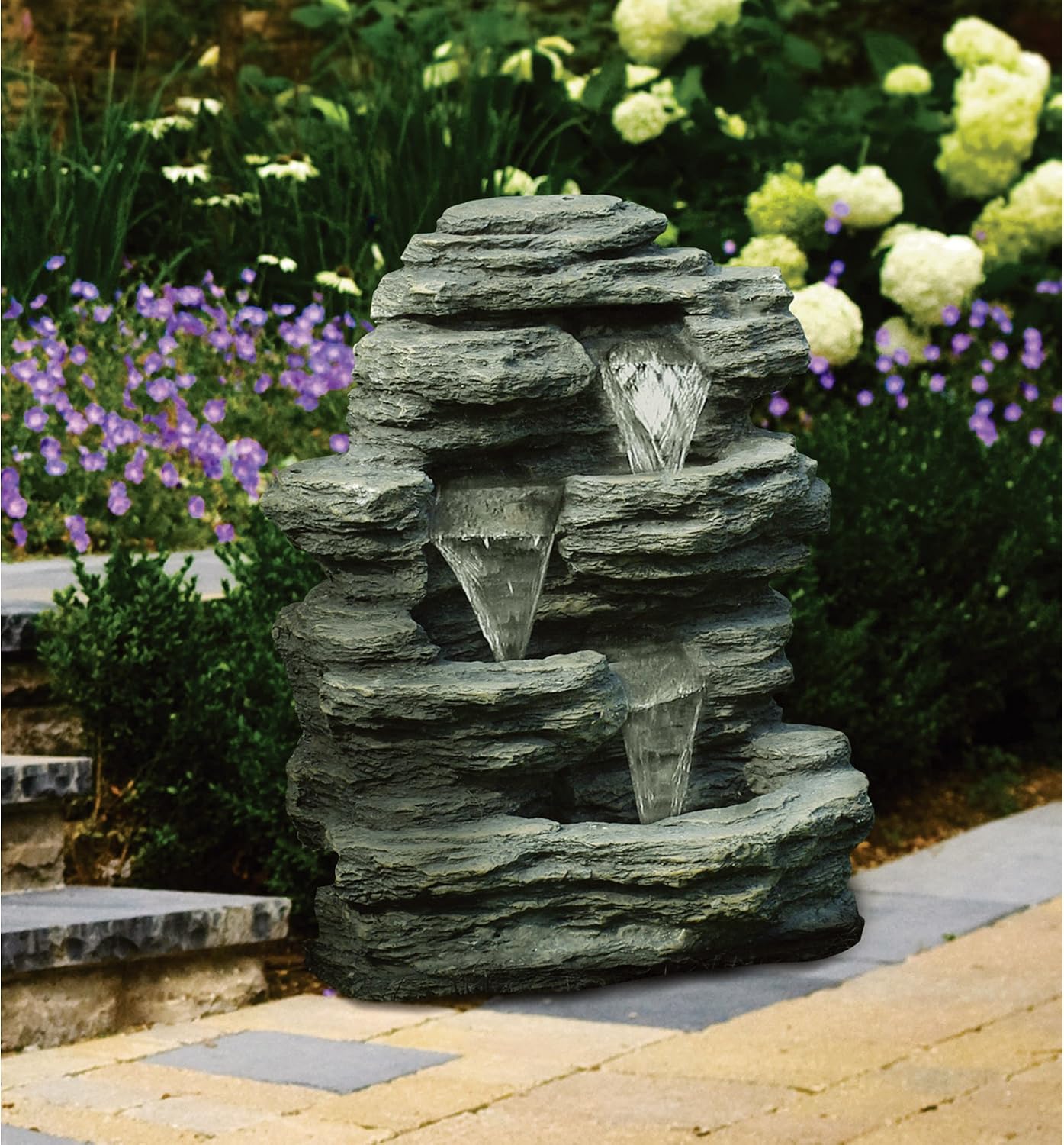 Outdoor Water Fountain With Cascading Waterfall, Natural Looking Stone and Soothing Sound for Decor on Lawn, Garden, and Patio By Pure Garden,Brown, 18.3x12.3
