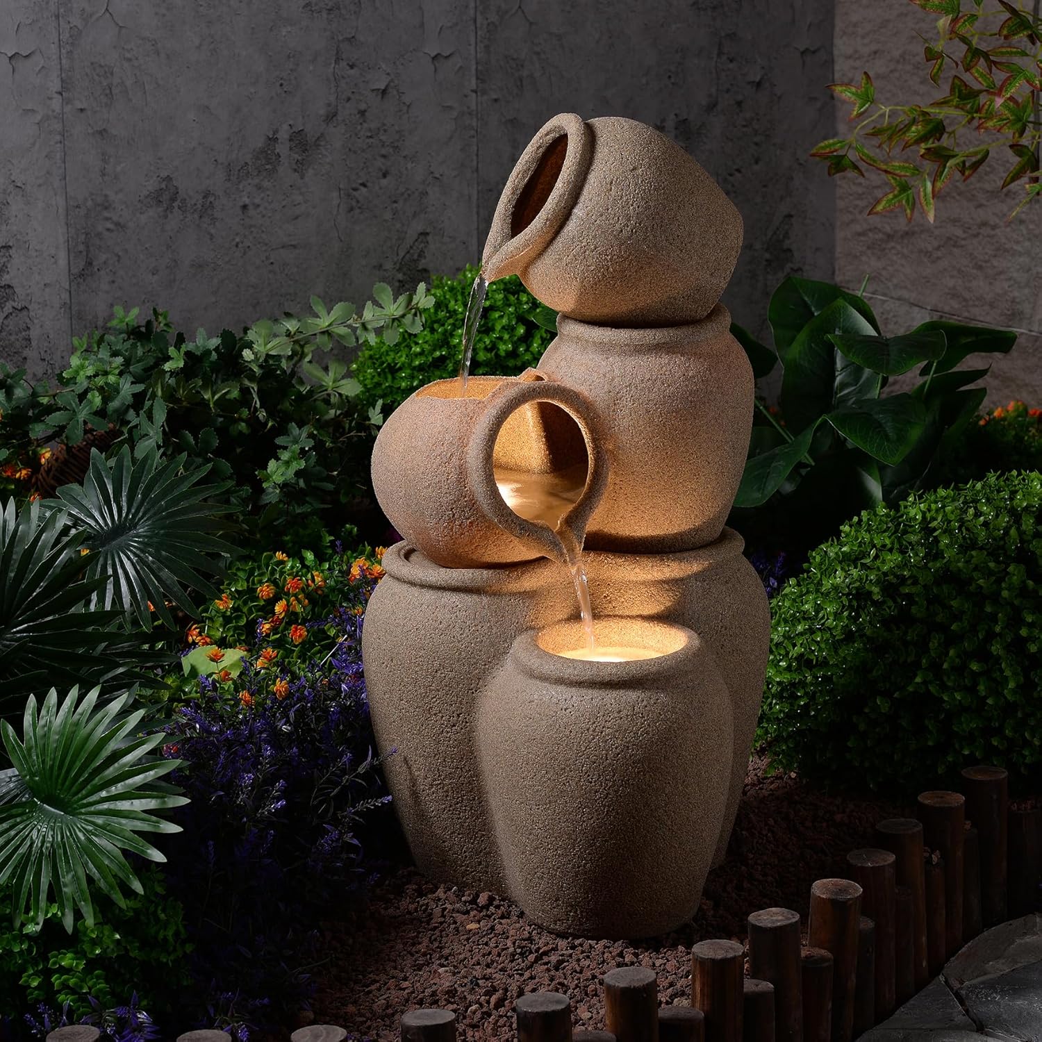 29.53' H 3-Tiers Cascading Jars Outdoor Water Fountain Made with Eco-Friendly Recyclable Materials, Polyethylene Waterfall Fountain, Outdoor Decor with LED Lights for Patio, Backyard