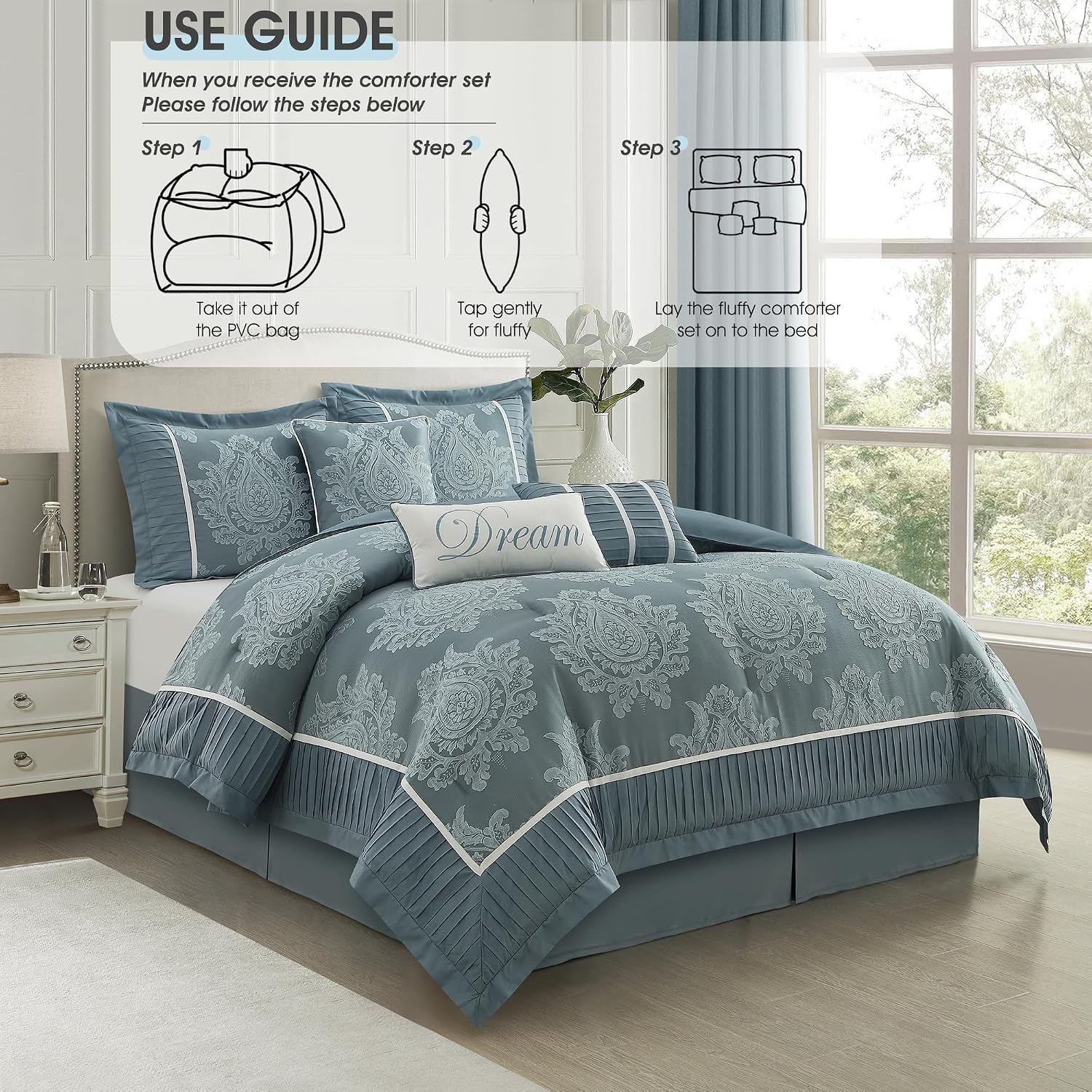 LANCO MODERN LIFESTYLE Blue Queen Comforter Set 7 Pieces, Jacquard Woven with Damask, Bedding Set in a Bag Includes Comforter, Bed Skirt, Pillow Shams, and Decorative Pillows