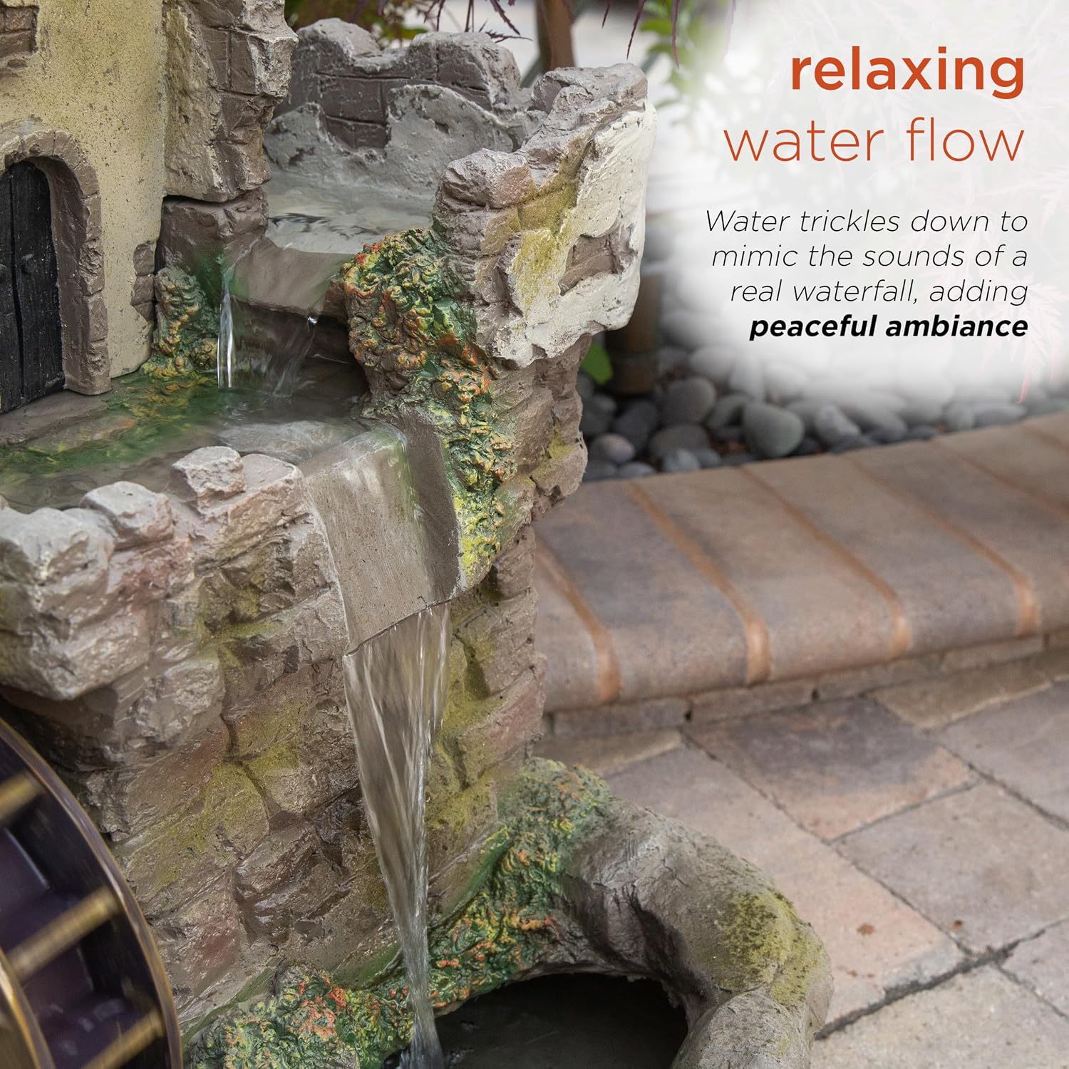 Alpine Corporation USA1164 Outdoor Floor Tiered Fairy Castle Waterwheel Water Fountain with Realistic Stone Look, 35', Brown