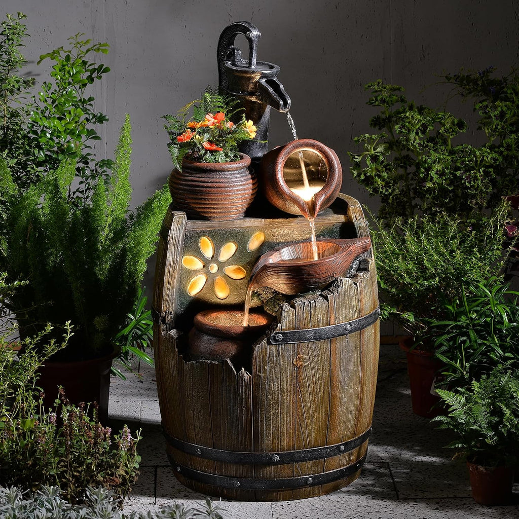 Water Fountain Outdoor 29' H Outside Floor 3 Tiered Rustic Barrel with Light, Pump for Garden, Patio, Deck, Porch, Backyard Home Decor