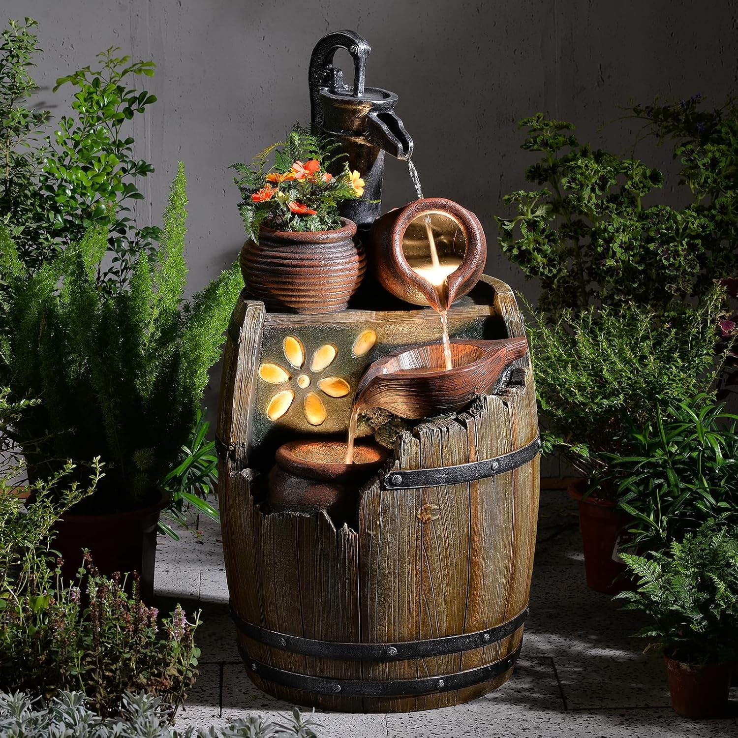 Water Fountain Outdoor 29' H Outside Floor 3 Tiered Rustic Barrel with Light, Pump for Garden, Patio, Deck, Porch, Backyard Home Decor