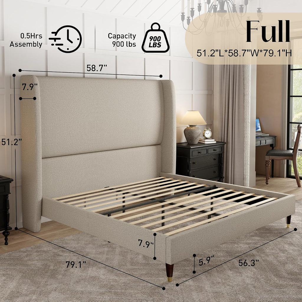 PaPaJet Full Size Bed Frame with 51.2' Wingback Headboard,Line Upholstered Platform Bed,Solid Wood Legs,No Box Spring Needed,Noise-Free&Easy Assembly,for Teen Girls, Dorm, Small Bedroom,Light Khaki