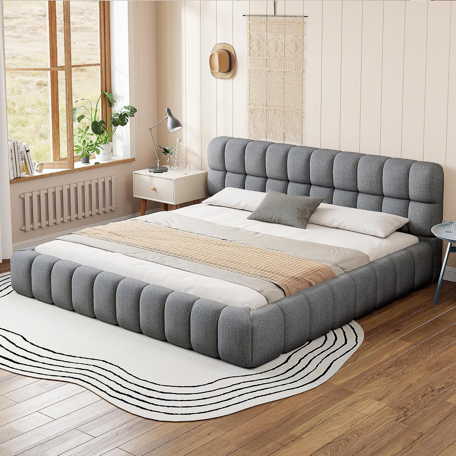 King Size Modern Cloud Bed,King Size Upholstered Platform Bed with Thick Fabric, Grounded Bed with Solid Frame,Floor Bed Frame (Gray)