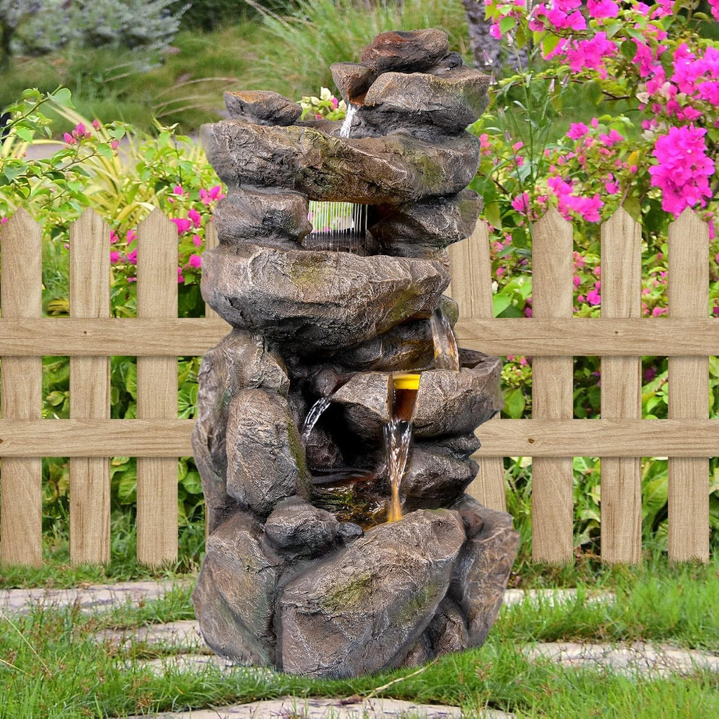 Ferrisland 31.5' Outdoor Rock Waterfall Fountain – 5-Tier Rustic Cascading Water Feature with LED Lights | Relaxing Flow & Ambient Glow for Garden, Patio, Yard | Stylish Home Decor Idea